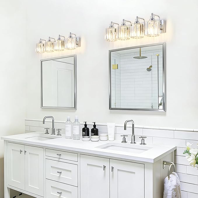 4-Light Modern Bathroom Light Fixture Chrome Bathroom Vanity Lights Over Mirror Wall Sconce Lighting with K9 Crystal Shades E26 Base for Bedroom, Living Room, Hallway, Cabinet Wall Lamp