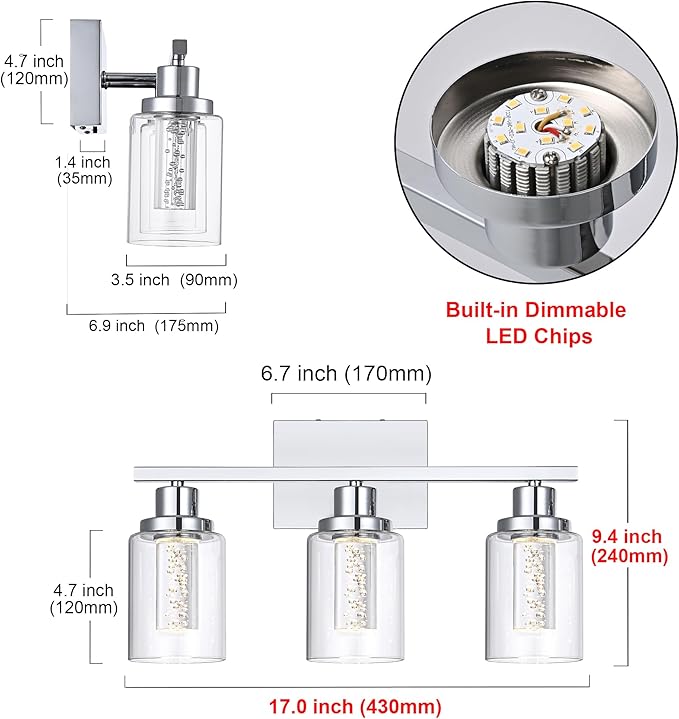 MELUCEE 5 Color Dimmable Vanity Lights 3 Light LED Bathroom Light Fixtures Chrome Bathroom Lights Over Mirror Wall Light Fixtures with Crystal Bubble Clear Glass Shade, Built-in LED Chips