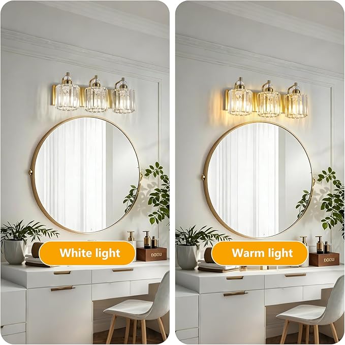 3-Light Modern Gold Bathroom Vanity Lights Brushed Brass Lighting Fixtures Over Mirror, Bathroom Vanity Lighting with Crystal Shade Wall Sconce E26 Base for Bedroom Livingroom Restroom Wall Lamp