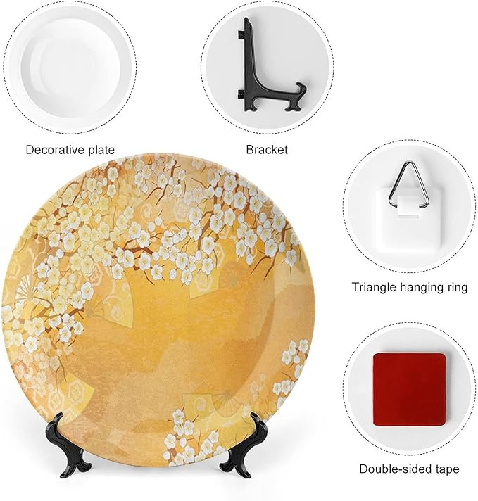 Decorative Plates, Asian Print Ornament, Japanese Cherry Blossom Tree Branches, 6 Inch, Kitchen Wall Decor, Marigold Cream