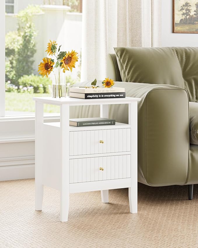 Fluted Nightstand, Farmhouse Night Stand with 2 Drawers, Mid Century Modern Side Accent Table,Bedside End Table for Bedroom, Living Room, White