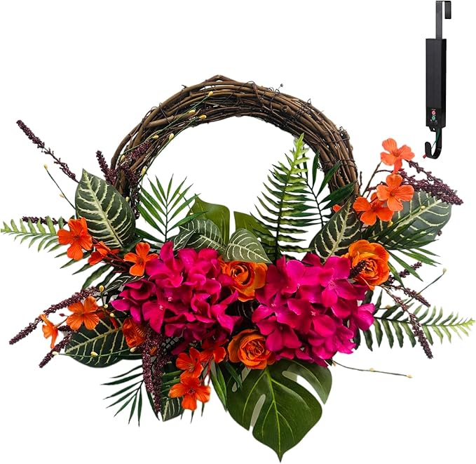 Solar Spring Wreath 24 inchWreath for Front Door Pre-lit 50LED Spring Decorations for Outside Flower Basket Summer Decor Wreath for Wall Festival Holiday Farmhouse Decor(2406)