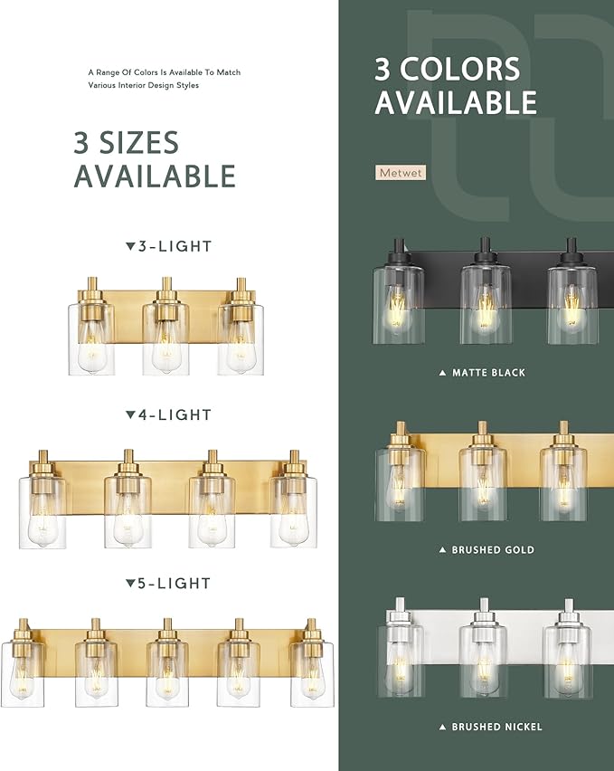 4-Light Bathroom Light Fixtures, Brushed Gold Vanity Light with Cylinder Clear Glass Shade, Modern Vanity Lighting Fixtures Over Mirror, VL143-BG-4