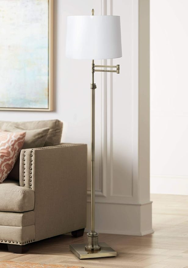 360 Lighting Westbury Modern Swing Arm Floor Lamp Adjustable Height Standing 70" Tall Antique Brass White Hardback Drum Shade Decor for Living Room Reading House Bedroom Home