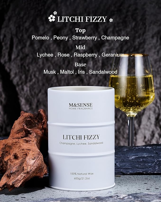 M&SENSE Large Soy Candles Litchi Fizzy Scented 21.2oz 120 Hour Long Lasting Natural Wax Non Toxic, Summer Candle Cozy Home Decor, Relaxing Aromatherapy Gifts for Women Mom Girlfriend