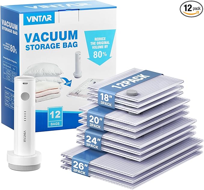 Vacuum Seal Bags for Clothing Travel, VINTAR 12 Pack Vacuum Storage Bags with Rechargeable Wireless Pump, Space Saver Bags(3 Jumbo+3 Large+3 Medium+3 Small) for Travel Luggage, Suitcase Storage