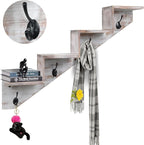 Coat Rack Wall Mount with Shelf, White Ladder Shelf with Hooks Underneath, Wall Mounted Rise Wooden shelves for Decorative, 4 Double Hooks for Hanging Coats, Keys, Books, Flowers, Planter, Towels