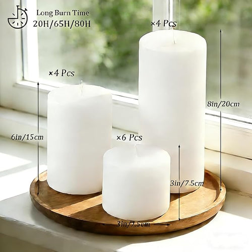 12 Pcs White Pillar Candles Bulk Set, 3 Different Lengths 3 x 3/6/8 Inch (4 Each), Dripless Unscented Smokeless,Hurricane Candles,Gives You a Better Atmosphere When Organizing an Event Party.