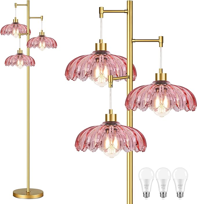 Gold Floor Lamp for Living Room,Modern Floor Lamps with Unique Pink Glass Shades,3 Lights Mid Century Tall Standing Lamp,Vintage Tree Flower Floor Lamp for Bedroom Corner Office Reading