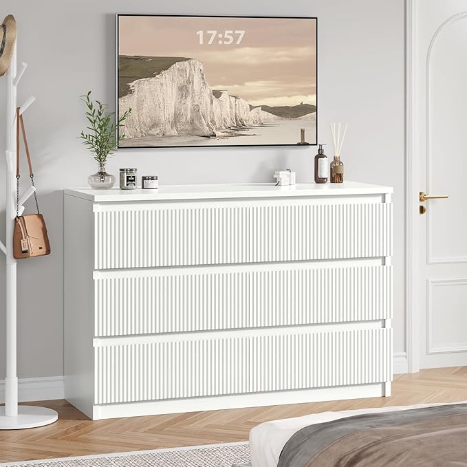 6 Drawer Dresser, Fluted Dresser for Bedroom with Sleek Hidden Handles, Bedroom Dressers with Drawers, Wood Closet Clothes Storage Organizer for Bedroom, Pure White