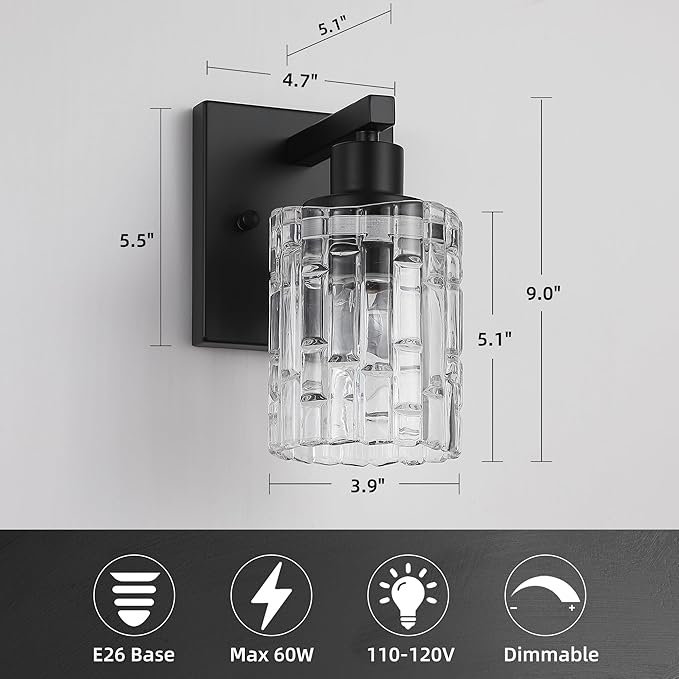 1 Light Matte Black Bathroom Vanity Light Over Mirror, Modern Vanity Lighting with Crystal Glass Shade, Wall Mount Bathroom Light Fixtures, E26 Base