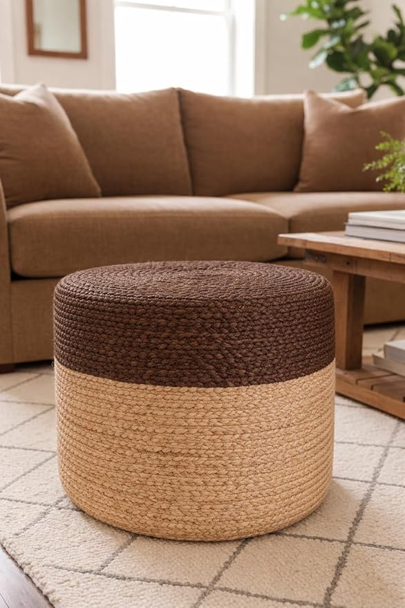 Jute Pouf Ottoman | Footrest Pouf | Hand Braided - Round Boho Pouffe - for Living Room, Bedroom, Nursery (18"x18"x12") Brown