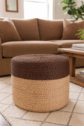 S & L Homes Pouf Ottoman - 100% Jute Braided Footrest Pouf Hand Knitted Traditional Cord Boho Pouffe for Living Room, Bedroom, Nursery, Patio, Lounge Colorblock - Natural Brown (18”x18”x12”)