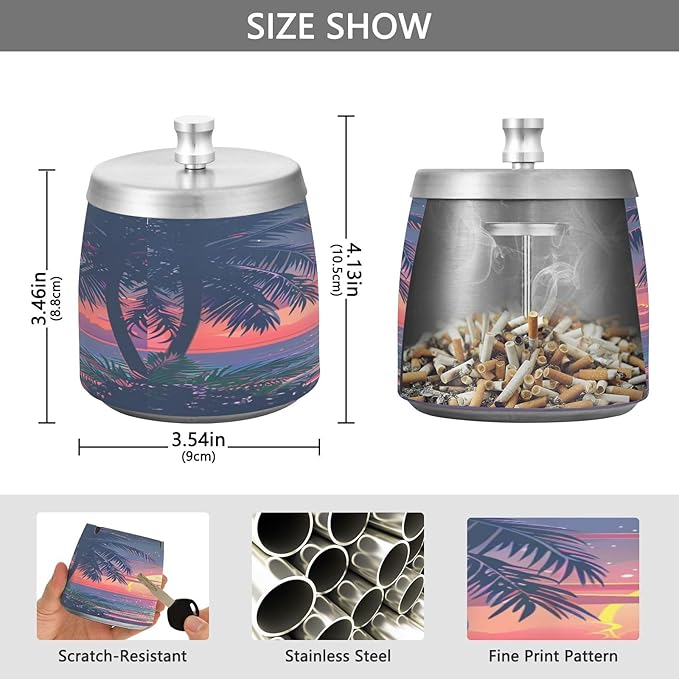 Hawaii Sunset Beach View Ashtray with Lid, Outdoor Ashtrays for Patio, Stainless Steel Ashtray Odorless Smokeless for Home Office Balcony