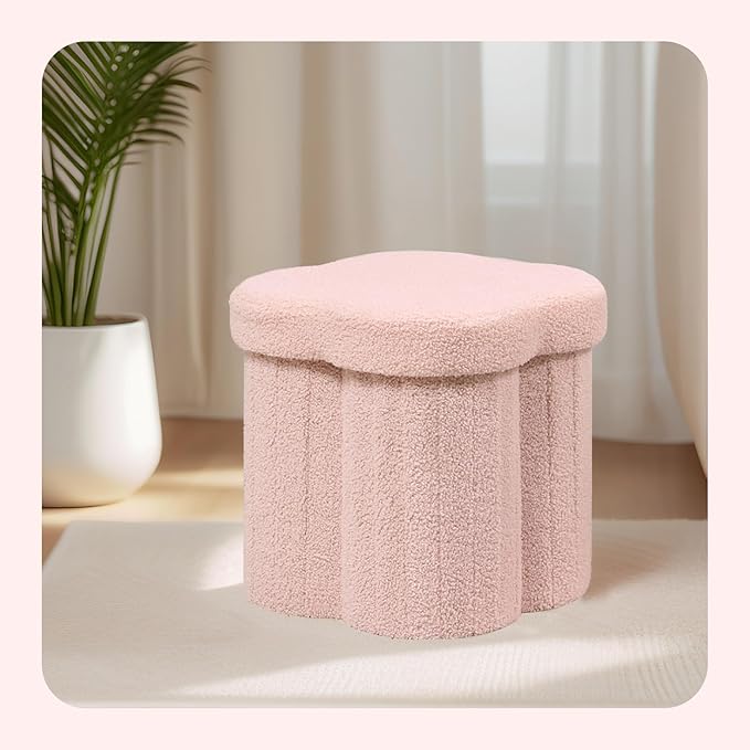 PINPLUS Floral Storage Ottoman Cube Boucle Footrest Stool with Lid, Multi-Functional Cube Seat for Living Room, Dorm & Bedroom – Pink 12.6"x12.6"x12.6"