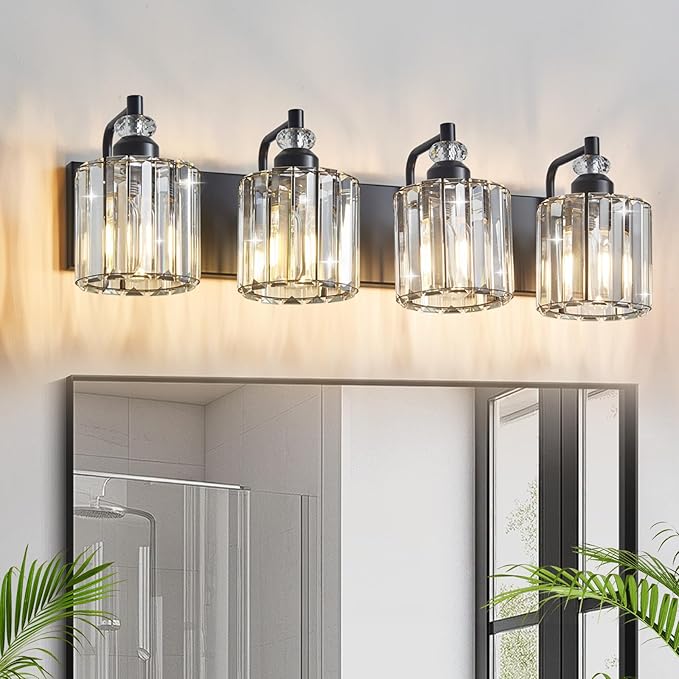 4-Light Black Bathroom Light Fixtures Over Mirror Modern Vanity Lights Crystal Wall Sconce Vintage Bathroom Lighting with Crystal Shade E26 Base for Bedroom, Living Room, Hallway
