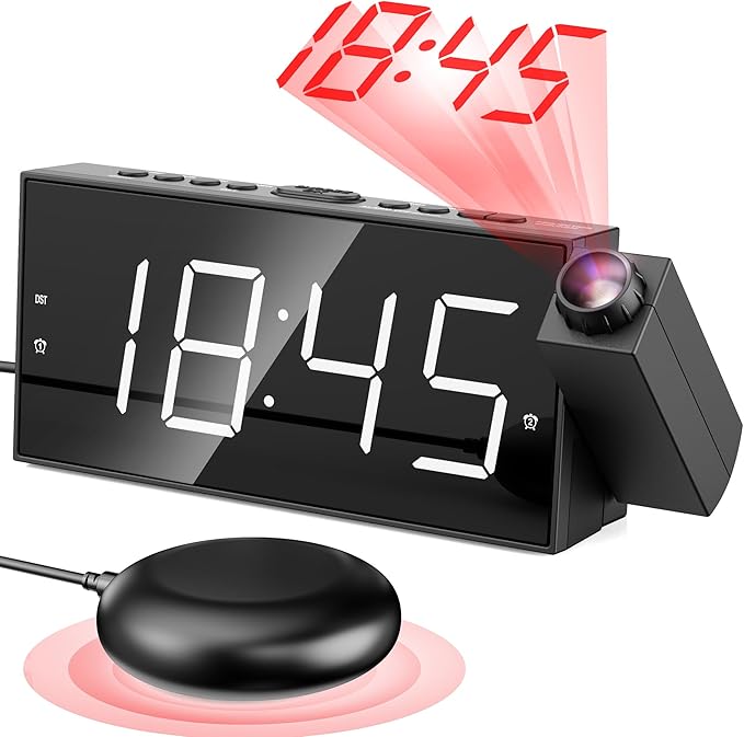 Projection Digital Alarm Clock with Bed Shaker for Bedroom, Extra Loud Alarm Clock for Heavy Sleeper, 180° Rotable Ceiling Projector Clock,2 Alarm,5 Dimmer Volume,USB Charger, Battery Backup,12/24H…