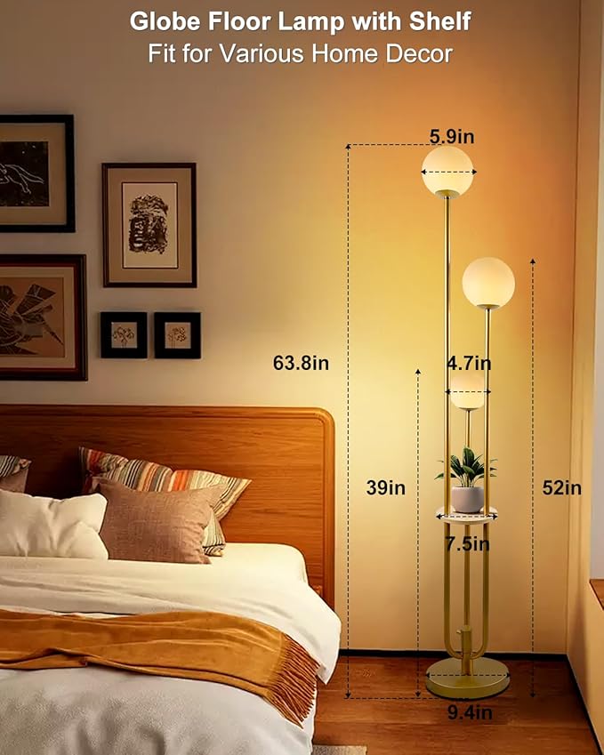 Lightdot Gold Globe Floor Lamp 3-Lights Dimmable Floor Lamps with Tray& Bulbs Included Unique Floor Lamp Candle Holder Style Modern Standing Lamps for Living Room/Bedroom//Sofa Beside/Corner Decor
