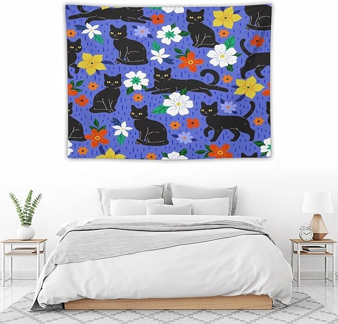 VUMIVI Black Cat Floral Tapestry Red White Hand-Painted Flowers Cute Animals Kids' Doodles Tapestry Wall Hanging for Living Room Bedroom Dorm Classroom Aesthetic Decor W40xL30in