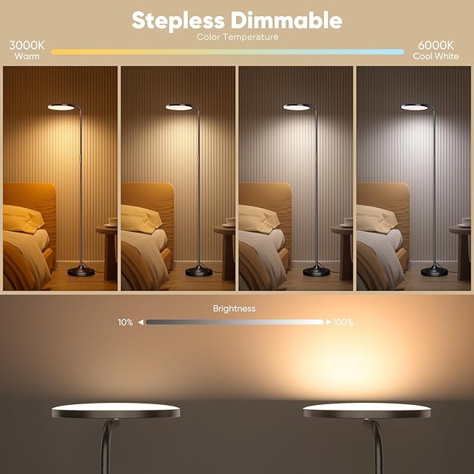 36W LED Floor Lamp, Super Bright Standing Lamp, Modern Stepless Dimmable Torchiere Tall Lamp with Remote Control, 350°Rotating Head Reading Floor Lamp for Living Room, Bedroom, Office