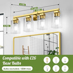 Bathroom Vanity Light, 27" 4-Light Modern Matte Gold Wall Sconce Lighting with Clear Glass Shade, Gold Wall Lights,Bath Vintage Wall Mounted Lamps for Mirror Bedroom Living Room