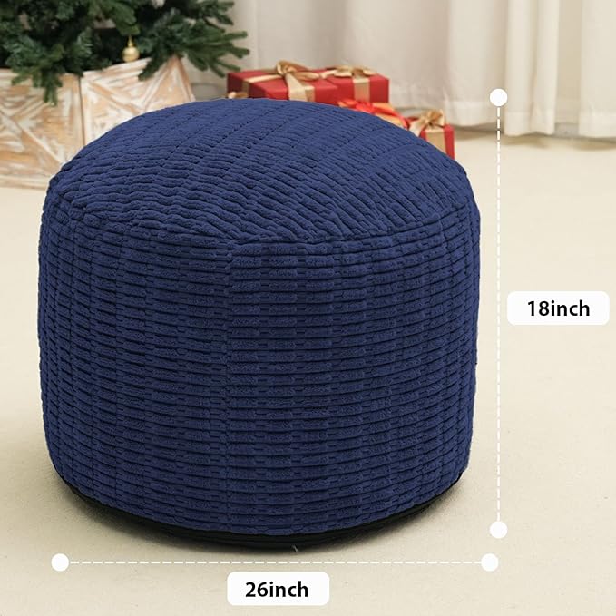 Round Stuffed Pouf Ottoman for Foot Rest, Storage Ottoman Pouf Foot Stool Cushion, Faux Fur Poufs with Foam Chunk Filling, 26 X 18 Inch Floor Chair for Living Room Bedroom Home Decor, Navy Blue