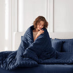 MUXHOMO 7 Pieces King Comforter Set, Seersucker Bed in a Bag King Size, All Season Luxury Bedding Set with Comforter, Flat Sheet, Fitted Sheet, Pillowcases & Shams, Navy Blue