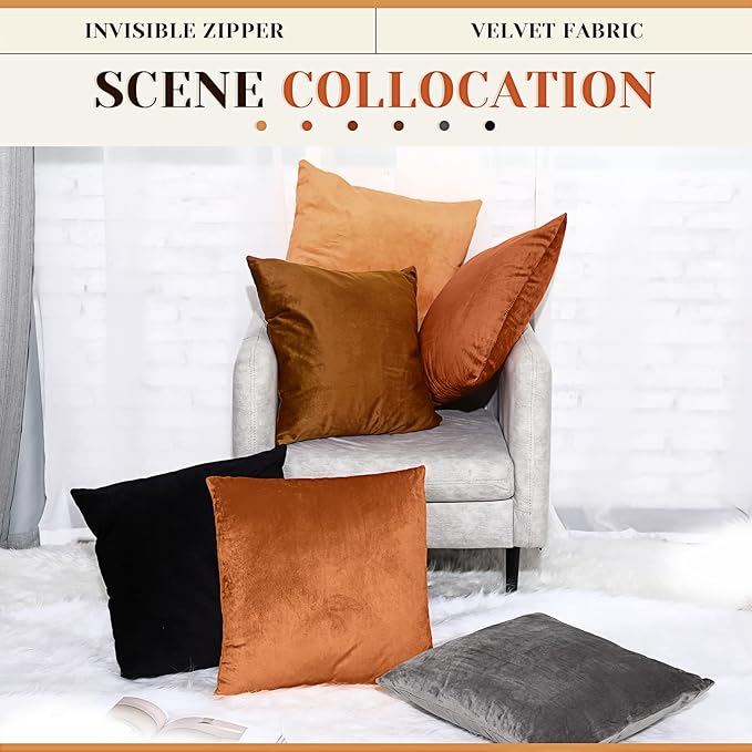 Pack of 6 Decorative Velvet Throw Pillow Covers Solid Square Soft Pillowcase Set Cushion Cases for Sofa Couch Bed Car Christmas Fall Home Decor 18 x 18 inch(Orange Color Scheme)