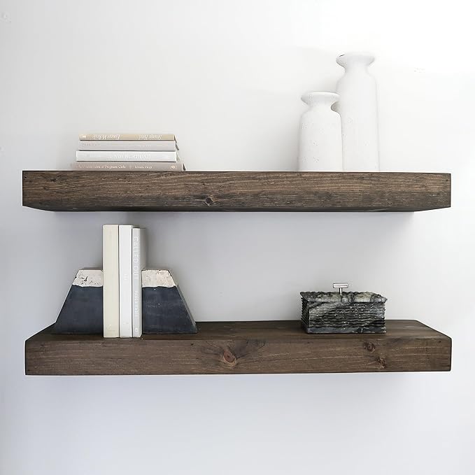 Urbandi Modern Floating Shelves 3 Inches Thick for Wall, Wide Shelves for Kitchen, Living Room, Bedroom, and Bathroom, Natural Pine Wood, Rustic Wooden Shelf, (Set of 2) (Jacobean, 24Lx3Hx8D)