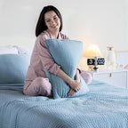 KASENTEX Oversized Queen Quilt Set 102"x106" – Soft Washed 3-Layer Lightweight Bedspread, Minimalist Nordic Design, All-Season Spring & Summer Quilt Set (1 Quilt + 2 Pillow Shams), Blue