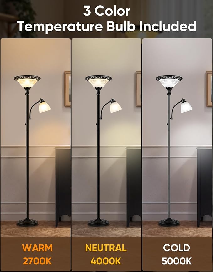Torchiere Floor Lamps for Living Room, 71" Tall Standing Lamp with Thick Glass Shade, Metal Pole & Heavy Base, Vintage Corner Lamp with Reading Light Home Decor for Bedroom Office, 3CCT Bulb Included