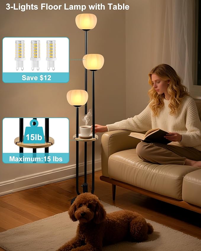 Lightdot Black Floor Lamp with Table, Modern Dimmable Floor Lamps with Pumpkin Lampshade, 3000K Warm White Bulbs Included, 3-Light Tall Standing Lamp for Living Room/Bedroom/Sofa Beside/Corner Decor