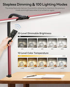 LED Desk Lamp for Home Office, Eye-Caring Desk Light with Clamp, Stepless Dimming 24W Double Head Architect Task Lamp with Remote Control, Flexible Arm for Working Studying Reading Drafting（RED)