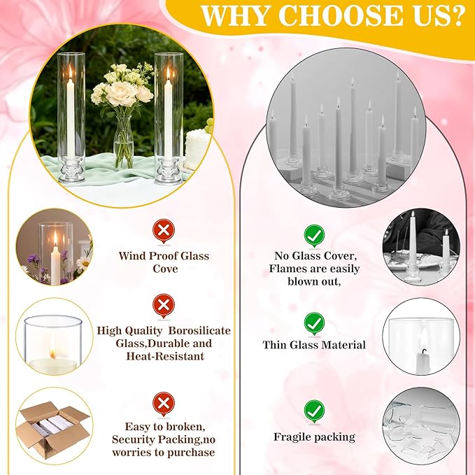 12 Set Hurricane Glass Candlestick Holders 12.6" Two Side Open Glass Candle Holders and 2.2" Taper Candlesticks Holder Bulk for Table Centerpiece Wedding Christmas Home Decor