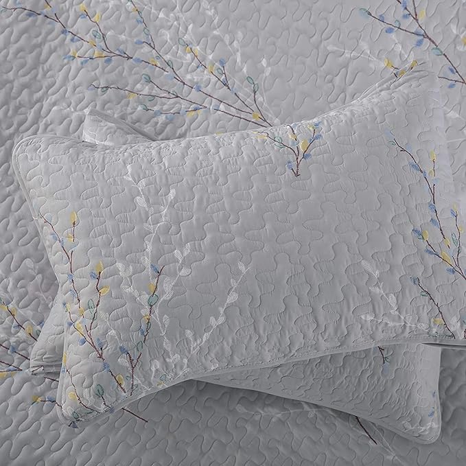 Exclusivo Mezcla Reversible Boho Quilts Queen Size, Grey Bedspreads Lightweight Coverlet All Season Flowers Quilt Bedding Set with Printed Floral Pattern (1 Quilt, 2 Pillow Shams)