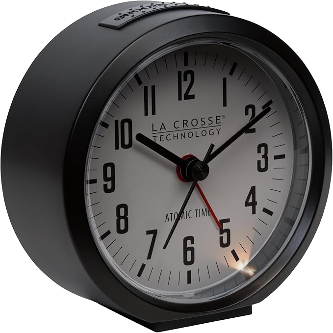 La Crosse Technology 617-710B-INT 4-Inch Round Black Atomic Analog Alarm Clock