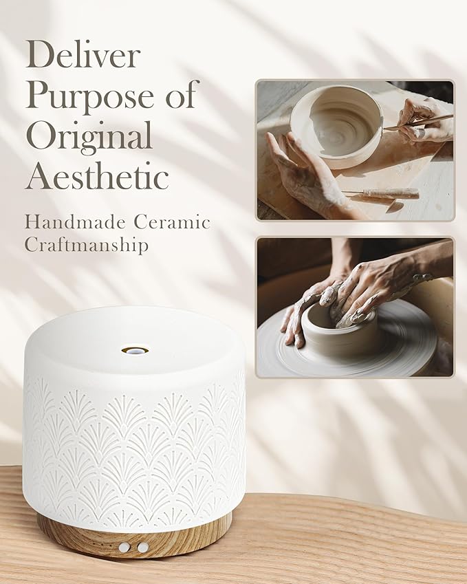 Essential Oil Diffuser, 280ml Ceramic Aromatherapy Diffuser for Large Room, 2.4MHz Ultrasonic Cool Mist Diffuser Oil Machine, Quiet & Intelligent Aroma Diffuser for Home Office SPA Yoga