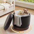 Round Storage Ottoman,Dark Brown Swivel Vanity Stool-Smooth Faux Leather Foot Rest,Footstool Pouf with Sturdy Acacia Wood Frame(500lbs),Hidden Storage Ottoman for Living Room Assembled