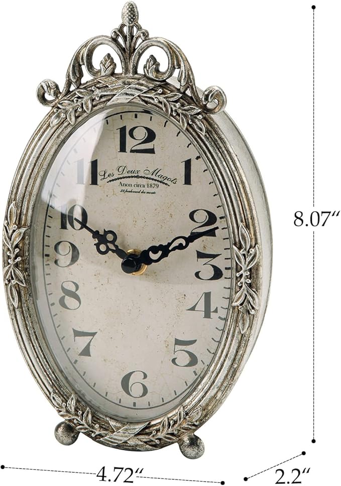 NIKKY HOME Vintage Table Clock, Silent Non-Ticking Battery Operated Desk Shelf Mantel Small Metal Clock for Living Room Decor - Retro Silver