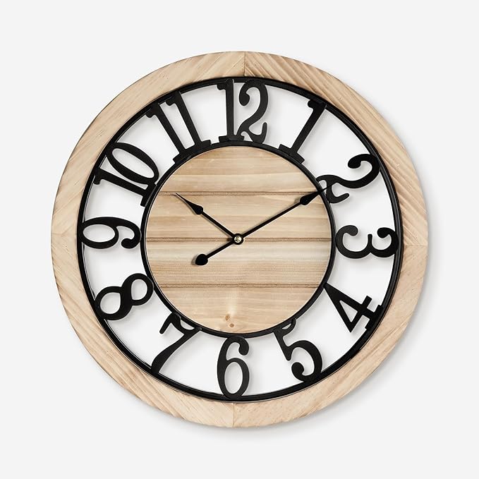 Maxstar 16'' Wall Clock for Living Room Decor, Ultra-Silent Rustic Wooden Farmhouse Wall Clock with Metal & Real Wood Frame, Battery Operated, for Kitchen Bedroom Office, Arabic Numerals