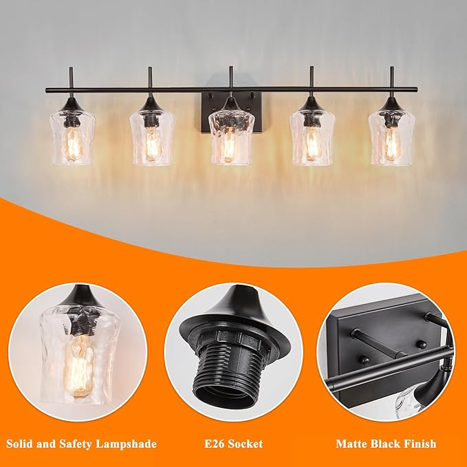 Modern Glass Vanity Light Fixture,5 Light Industrail Black Metal Vanity Light for Bathroom Bedroom Living Room