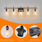 Modern Glass Vanity Light Fixture,5 Light Industrail Black Metal Vanity Light for Bathroom Bedroom Living Room