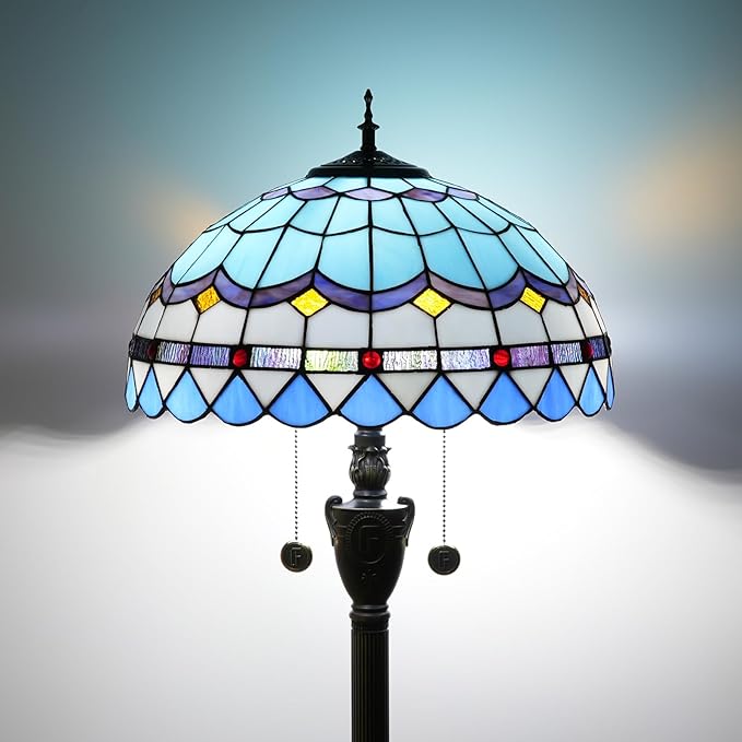 Tiffany Floor Lamp Blue Mediterranean Style Stained Glass Floor Light Bright Lighting Rustic Standing Lamp Vintage Unique Bronze Reading Corner Lamp for Home Decor Living Room Bedroom 16X16X64 Inches