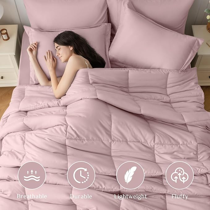 JOLLYVOGUE Twin Comforter Set, Ultra-Soft Bed in a Bag Twin Size 5 Pieces, Oeko-TEX Certified Bedding Set with Down Alternative Comforter, Sheets, Pillowcases & Shams, Camio Pink
