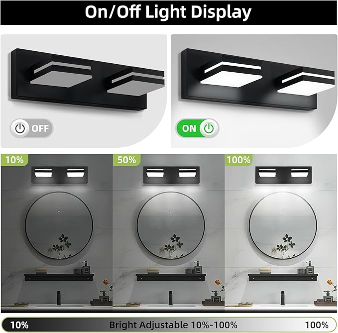 OKELI 2 Light Black Bathroom Vanity Light Over Mirror Modern LED Dimmable Bathroom Light Fixture Black 350° Rotatable Lamp Head 16W 6000K Cold White ETL Listed