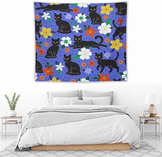 VUMIVI Black Cat Floral Tapestry Red White Hand-Painted Flowers Cute Animals Kids' Doodles Tapestry Wall Hanging for Living Room Bedroom Dorm Classroom Aesthetic Decor W60xL50in