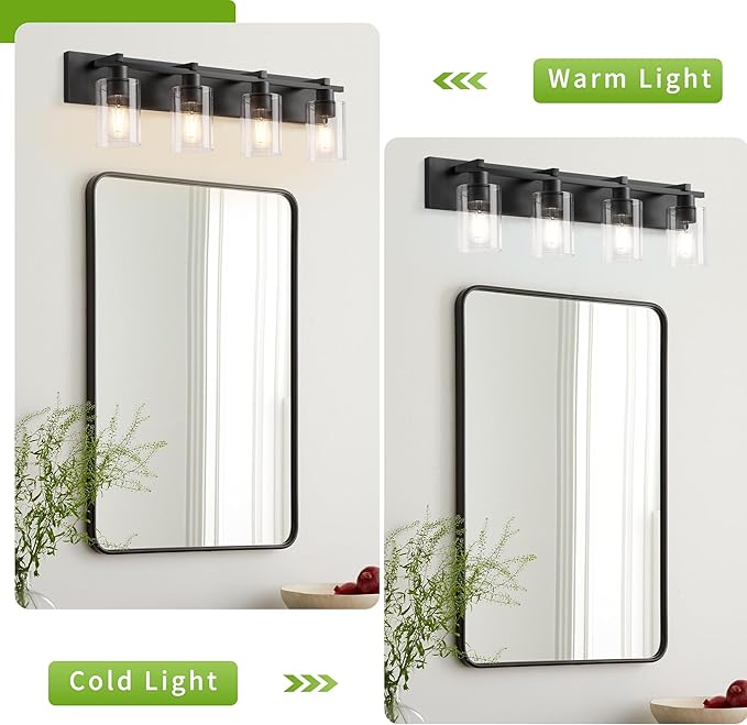 Espird Bathroom Vanity Light,4 Light Matte Black Light Fixture with Thickened Clear Glass Shade, 30 inch Modern Wall Sconce, Bathrooms Vanity Light Over Mirror for Bathroom