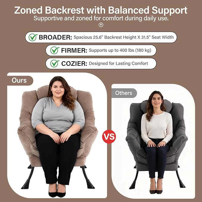 Lazy Chair with Ottoman, Modern Accent Chair with Lumbar Pillow, Velvet Khaki Sofa, Lounge Chairs with Folding Footrest, Oversized Supportive Chairs for Bedroom, Reading