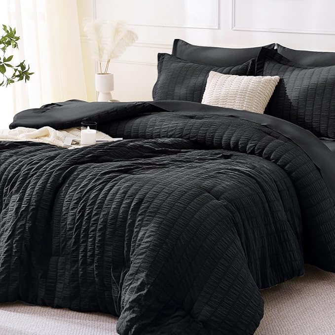 MUXHOMO 5 Pieces Twin XL Comforter Set, Seersucker Bed in a Bag Twin XL Size, All Season Luxury Bedding Set with Comforter, Flat Sheet, Fitted Sheet, Pillowcase & Sham, Black