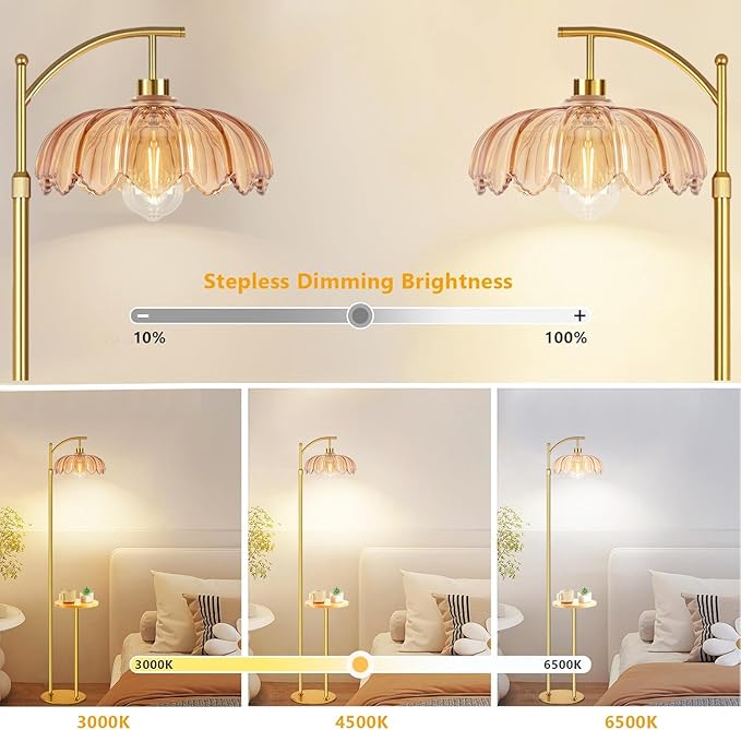 Gold Floor Lamp with Table and Shelves for Living Room Bedroom,Glass Standing Lamp with Remote Dimmable,Boho Brass Tall Lamp Vintage Farmhouse Arc Flower Floor Light Bohemian